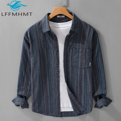 6158 Spring Fashion Japan Style Vintage Stripe Simple Cargo Shirt for Men Good Quality Cotton Long Sleeve Slim Fit Casual Blouse