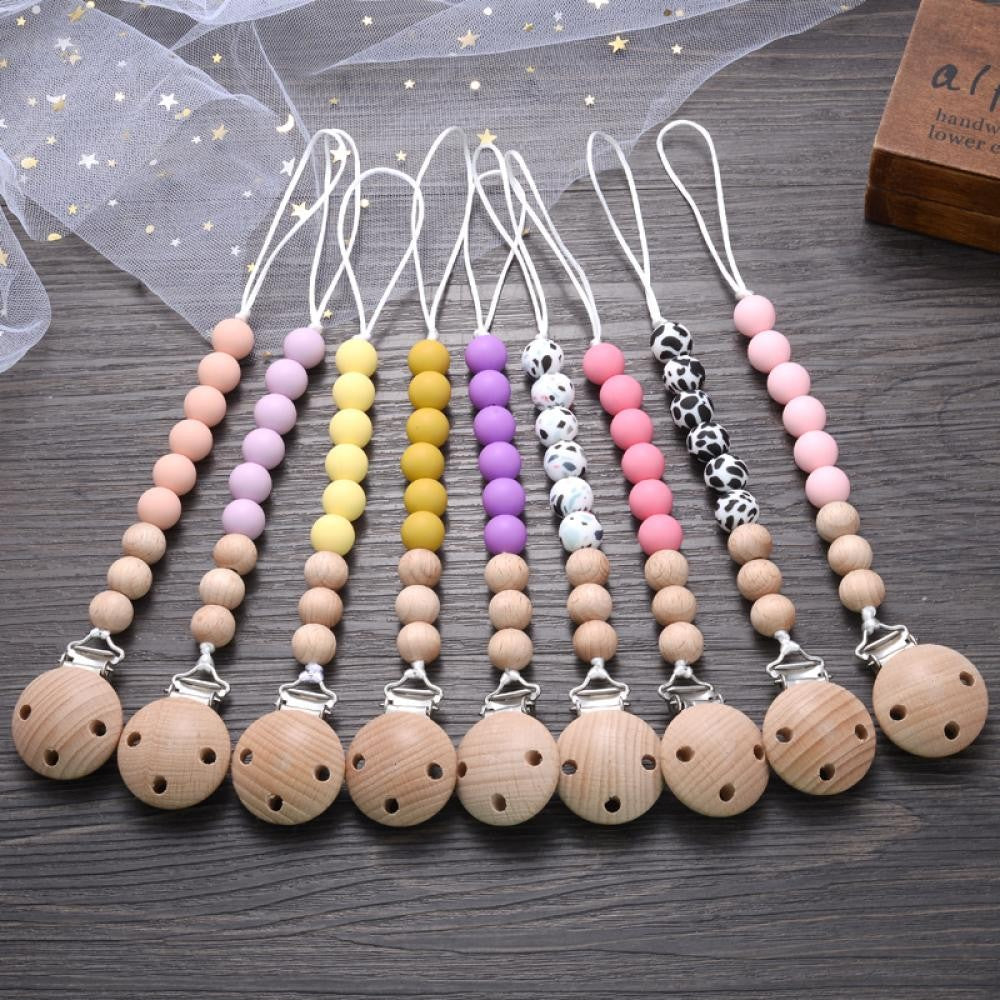 Baby Beech Pacifier Clip Round Colorful Silicone Teething Beads Food Grade Dummy Holder Soothe Chain Anti-drop Baby Nipple Chain