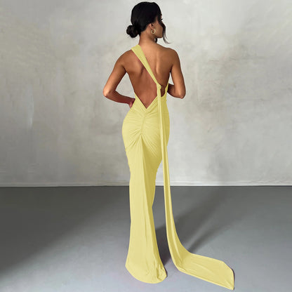 Hugcitar One Shoulder Backless Adjustable Scarf Loop Ruched Sexy Maxi Dress Wome
