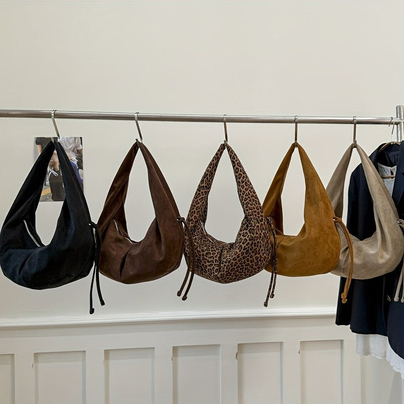 Retro Suede Leopard Print Saddle Bag for Women, Trendy Autumn and Winter Fashion, Underarm Bag, Large Capacity Handbag