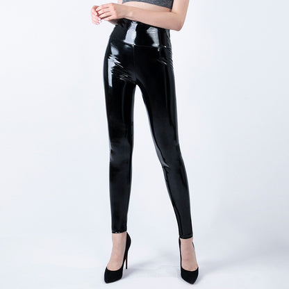 Push Up Women Black Leggings High Waist Elastic PU Leather Skinny Pants Shiny Wet Look Metallic Latex Ankle-Length Bottom