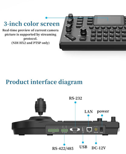 NDI 4D Joystick Keyboard 3-inch Color Screen Network Visca Pelco-D/P Protocol Rocker Console POE Camera Control Keyboard