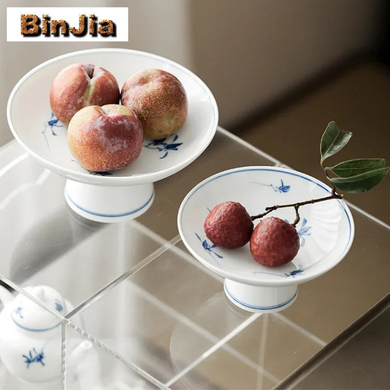 Pure Hand-painted Butterfly Orchid Fruit Plate, Dehua White Porcelain Tea Snack Living Room Table, High Footed Fruit Snack Plate