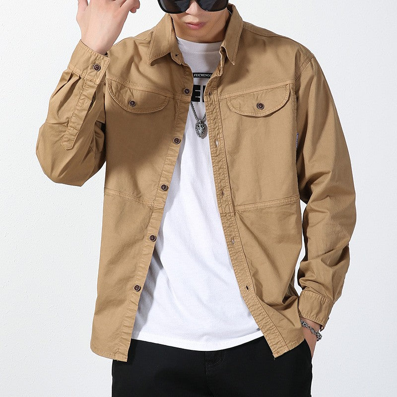 Men Slim Fit Turn-Down Collar Loose Cargo Shrit Spring Autumn Casual Wash Cotton Safari Style Jacket with Multiple Pockets Coat