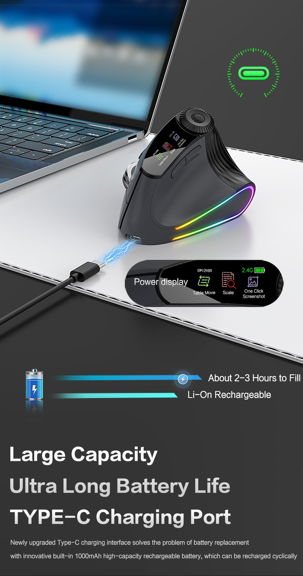 Mouse Vertical Sem Fio Jomaa RGB Retroiluminado Speed Roller com Botão de Ajuste de Função Bluetooth USB Ergonômico Click Silencioso