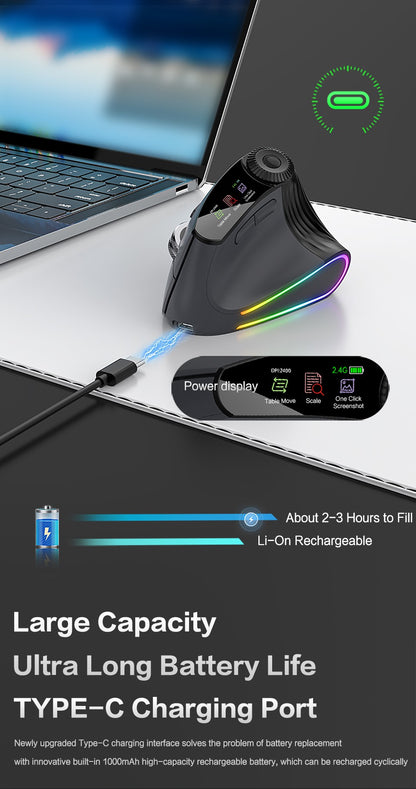 Mouse Vertical Sem Fio Jomaa RGB Retroiluminado Speed Roller com Botão de Ajuste de Função Bluetooth USB Ergonômico Click Silencioso