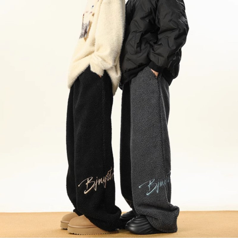 Women's Embroidered Flannel Sweatpants American Lamb Fleece Cotton Thickened Warm Couple Skiing Pants Autumn