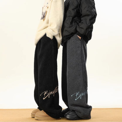 Women's Embroidered Flannel Sweatpants American Lamb Fleece Cotton Thickened Warm Couple Skiing Pants Autumn