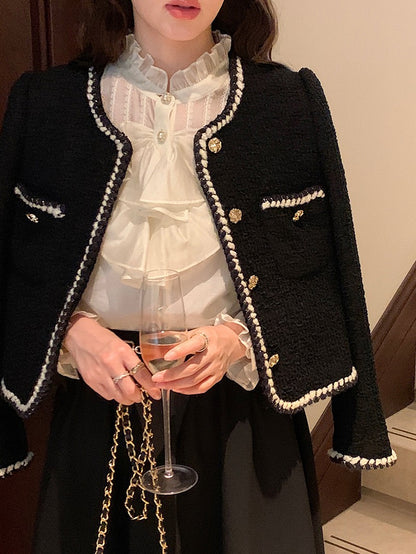 Vintage Cropped Tweed Jackets Women Elegant Black Thicken Coat Korean Single Breasted Blazer Casual Warm Short Outerwear Tops