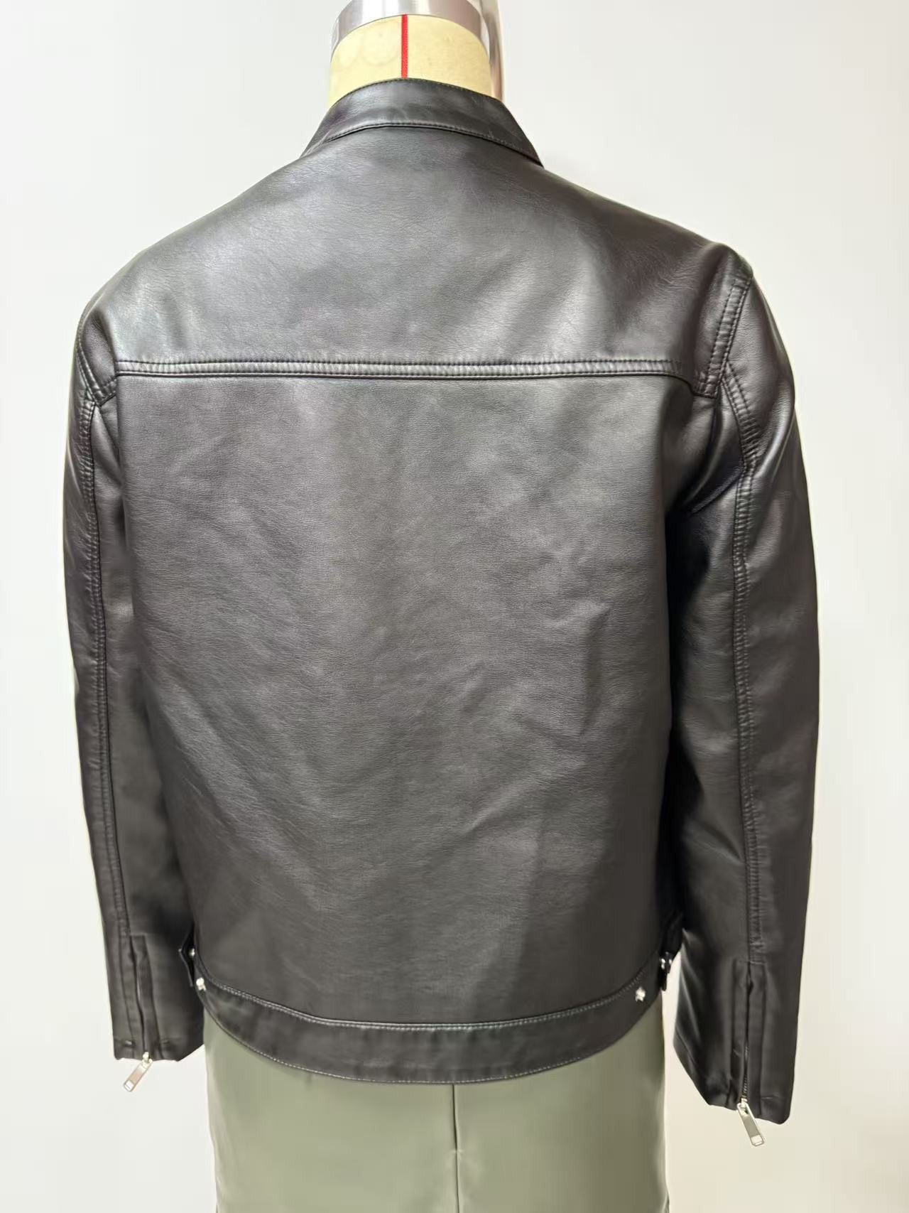 Black Women's Fitted Leather Jacket with Front Zipper & Side Pockets?, Available in Brown, Navy Blue, and Beige.