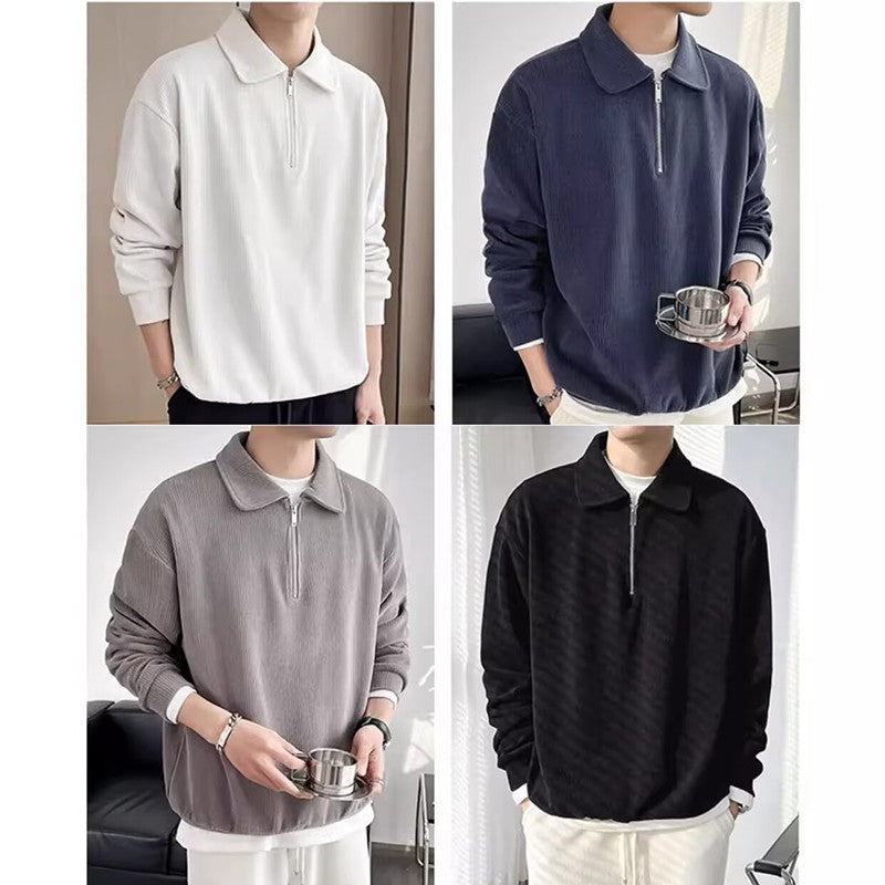 Autumn Vintage Polo Collar Sweater Men's Thickened Loose-Fit Half Zipper Knitwear New Anti-Pilling Flip Pullover Knit Sweaters