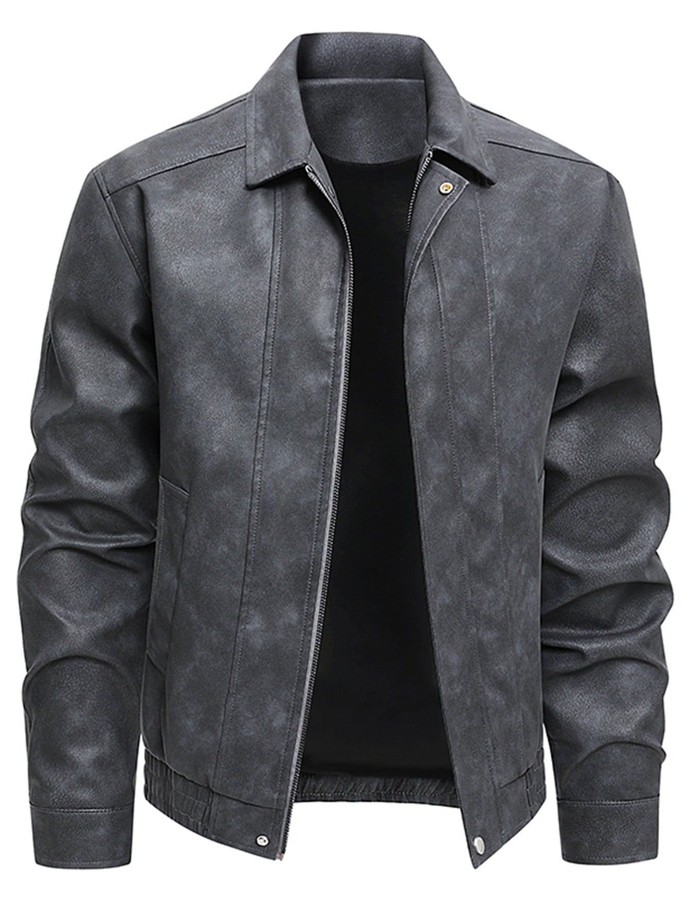 Plus Size Men's Casual Loose Fit Turndown Collar Motorcycle PU Leather Jacket, Suitable For Autumn, Zipper Front