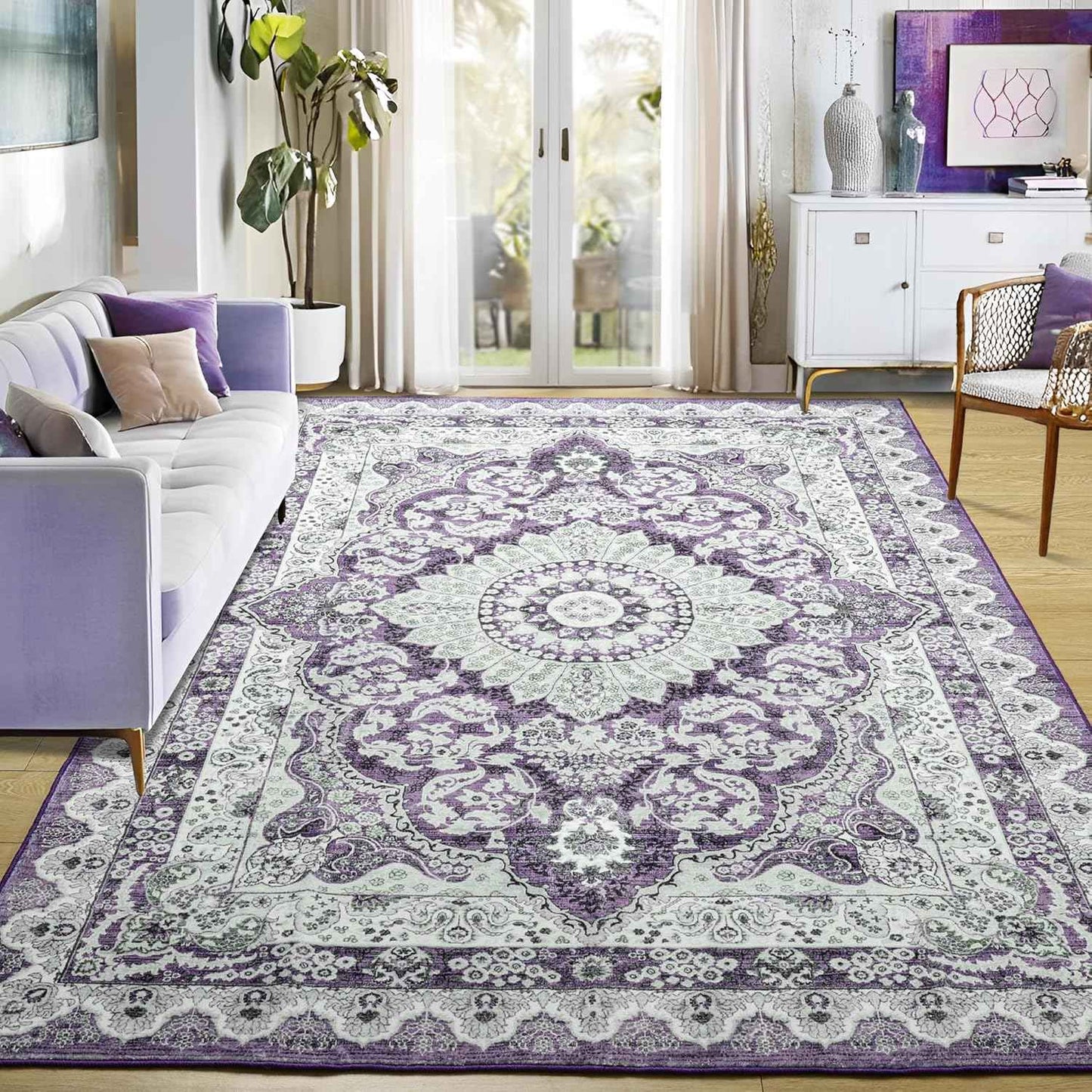 Area Rugs for Living Room, Machine Washable Vintage Rug, Non-Slip Low Pile Throw Rugs with Rubber Backing Washable Carpet