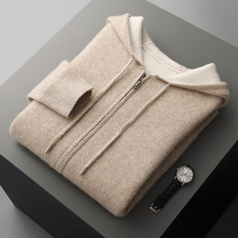 ADDONEE Men's 100% Wool Hoodie Cardigan Straights Leg Pants Set Autumn Winter Thick Cashmere Knitwear Sweater Trousers Suit