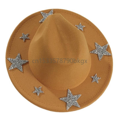 Elegant Western Hat Shimmering Rhinestones Star Sunproof Hat For Women Men Wear J78E