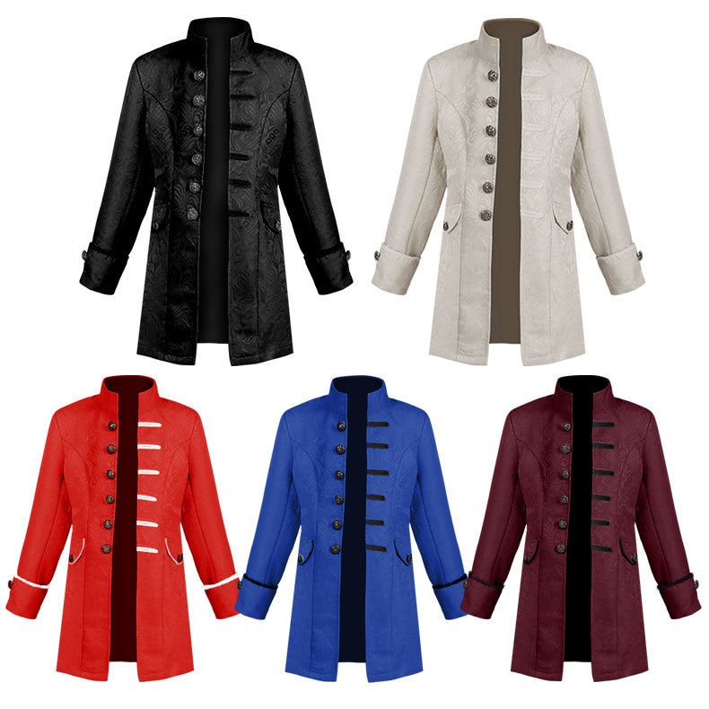 Medieval Jacket Costume Boys Prince Jacquard Stand Collar Larp Vicking Victorian Renaissance Stage Performace Jacket Coat