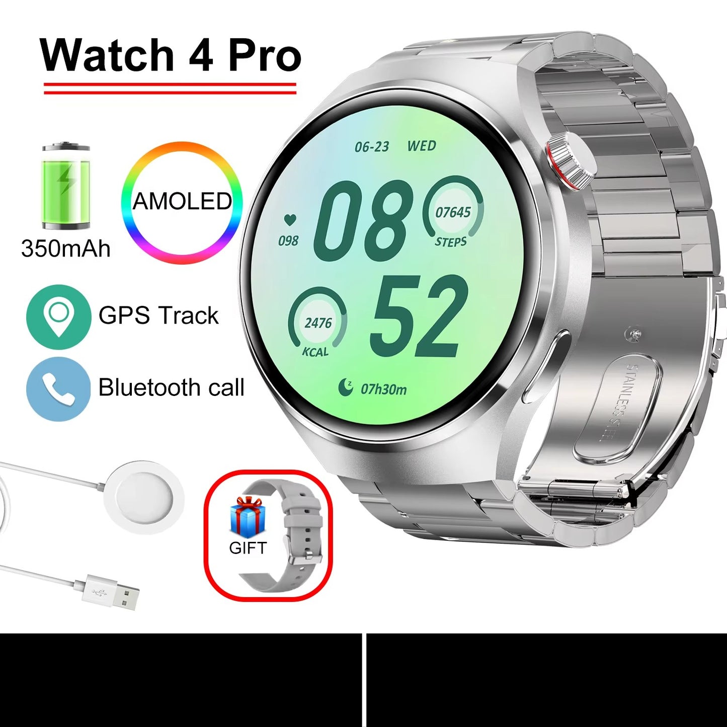 Smartwatch Masculino GT4 Pro 2026: Monitor de Saúde, à Prova D'água, Chamada BT, Tela AMOLED 360*360, Rastreamento GPS, Bússola, Novo Modelo Militar