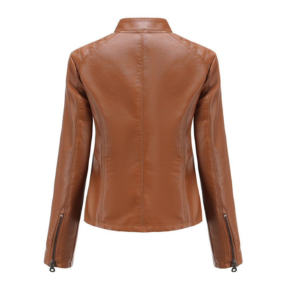 2025 Autumn Women's Black Moto Biker Zipper Jacket, Red Apricot Coffee PU Coat, Light Purple Outerwear.