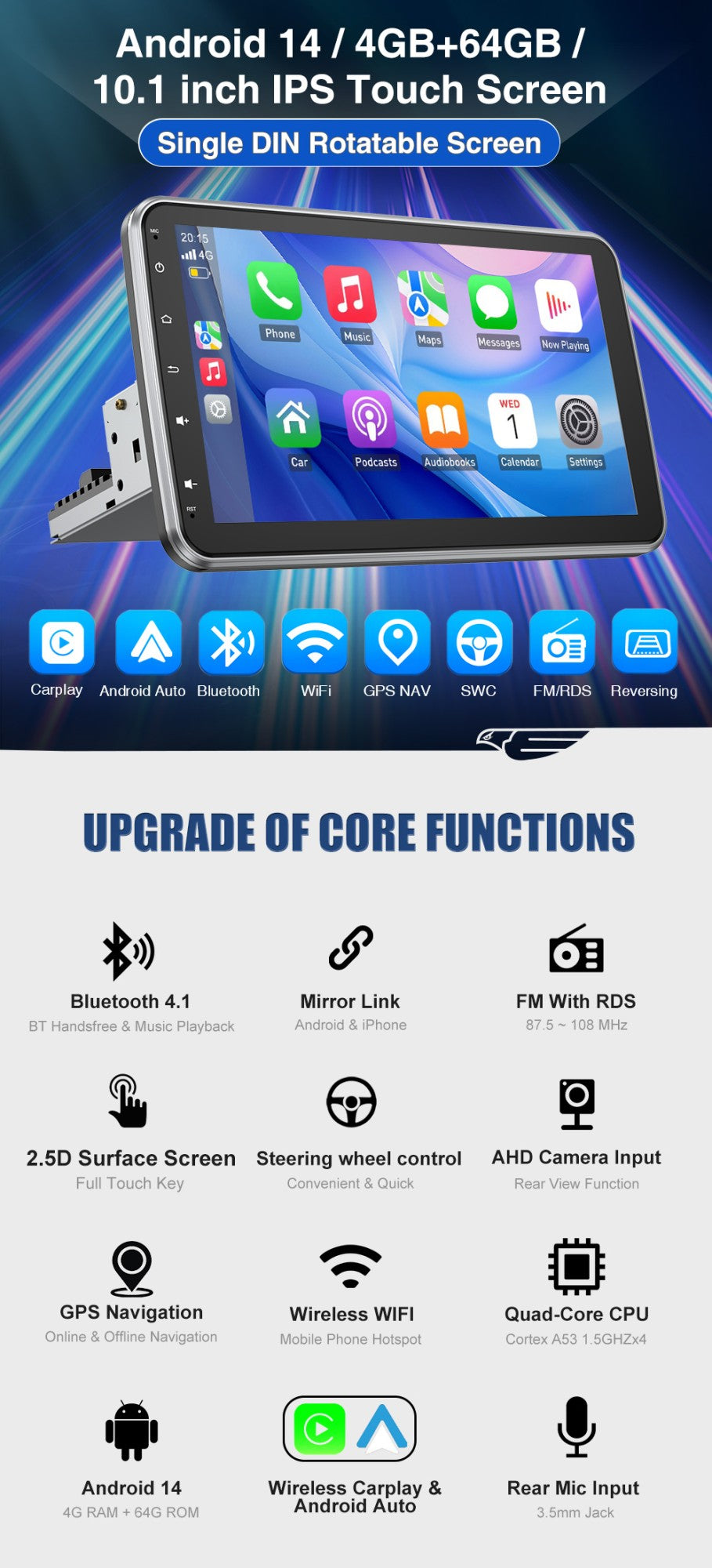 ESSGOO 10.1 Inch 4+64GB Rotatable IPS Touchscreen Single 1 DIN Car Stereo Wireless Apple Carplay Android Auto FM Bluetooth GPS