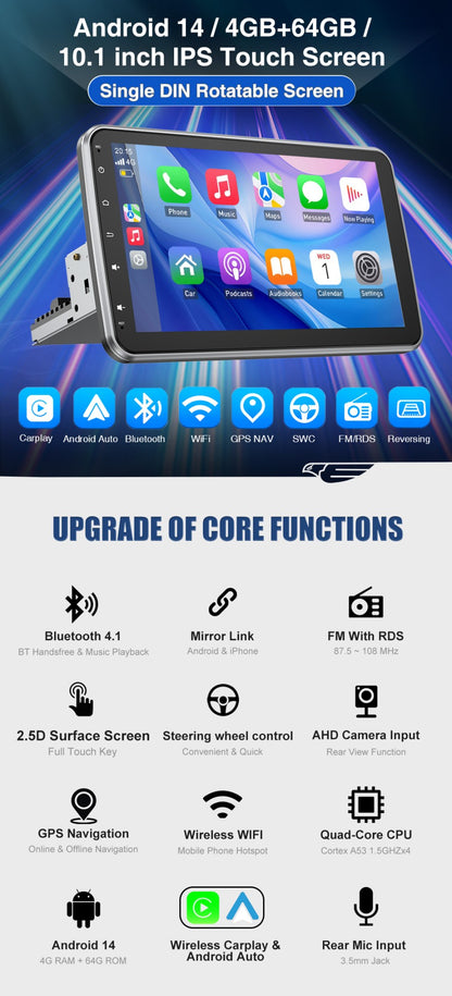 ESSGOO 10.1 Inch 4+64GB Rotatable IPS Touchscreen Single 1 DIN Car Stereo Wireless Apple Carplay Android Auto FM Bluetooth GPS
