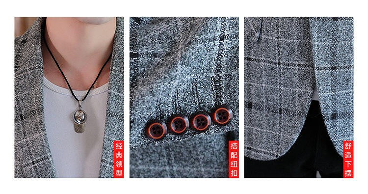 Men's casual plaid suit jacket, fashionable and versatile slim-fitting top, stylish plaid suit