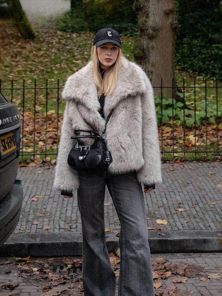 DUOPERI Women Fashion Winter Solid Thick Warm Faux Fur Coat Lapel Collar Long Sleeves Female Chic Lady Casual Outfits