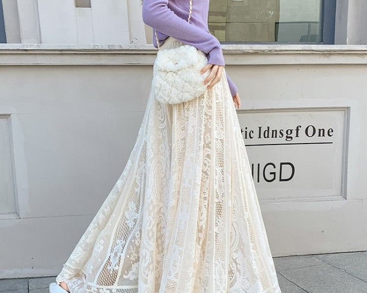 Plus Size plus Size Lace Hollow out f Skirt mid Waist Long Sle Fairy Skirt A-Line Umbrella Skirt Trendy Women's Clothing