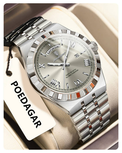 POEDAGAR Luxury Business Man Watch Week Date Waterproof Luminous Watches For Men Stainless Steel Quartz Fashion Men's Wristwatch
