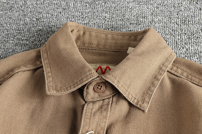2025 Spring and Autumn New American Retro Woven Twill Cargo Shirt Men's Simple 100% Cotton Washed Double Pocket Causal Blousers
