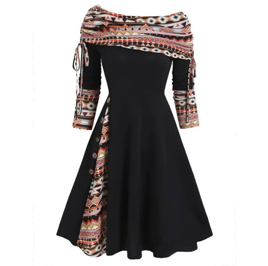 Vestido feminino elegante de manga comprida e ombro a ombro para outono/inverno com cintura ajustada e barra larga