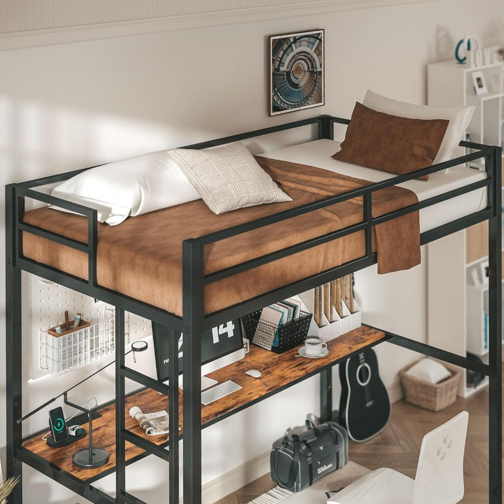 Cama Beliche Loft de Metal Tamanho Solteiro com Escrivaninha, Tomada, Luzes LED, Economia de Espaço, Sem Ruído, Preto