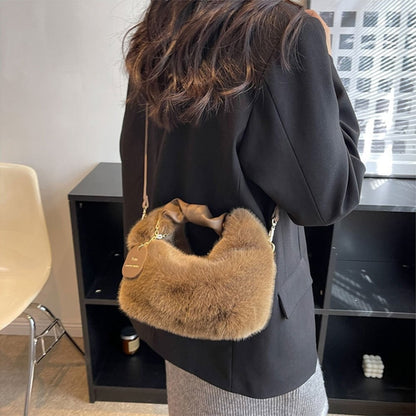 Fashionable Cute Plush Shoulder Bag for Women's Solid Color Soft Fluffy  Handbag Autumn Winter Soft Plush Crossbody Bag