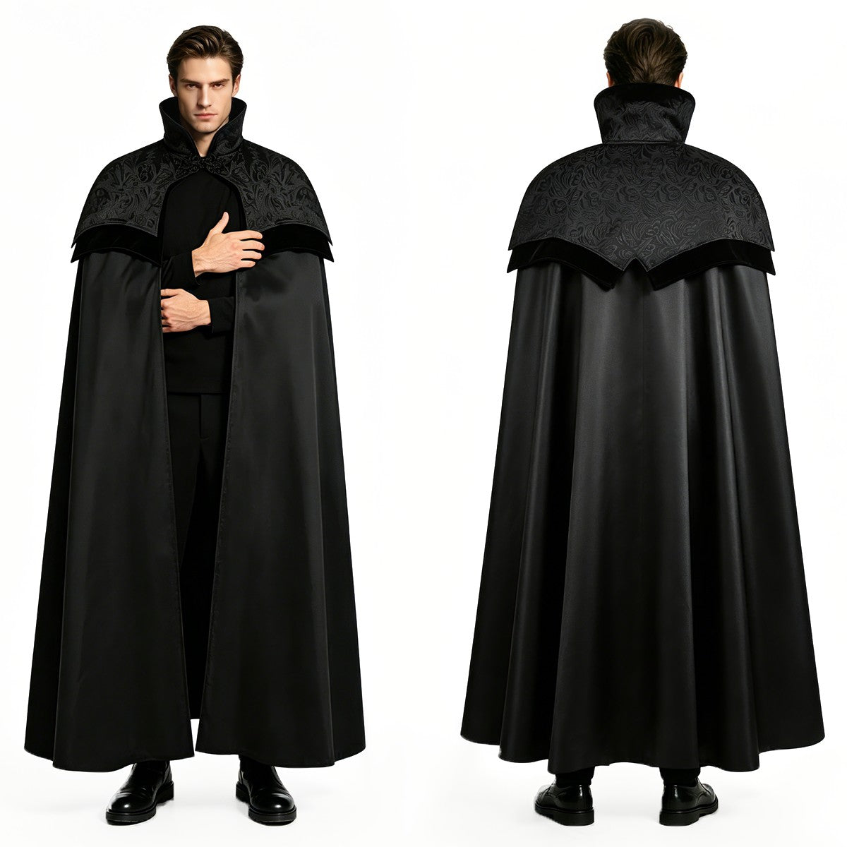 Men's Gothic Long Poncho Vampire Costume Halloween Cosplay Clothing Medieval Steampunk Stand Up Collar Black Wizard Costumes