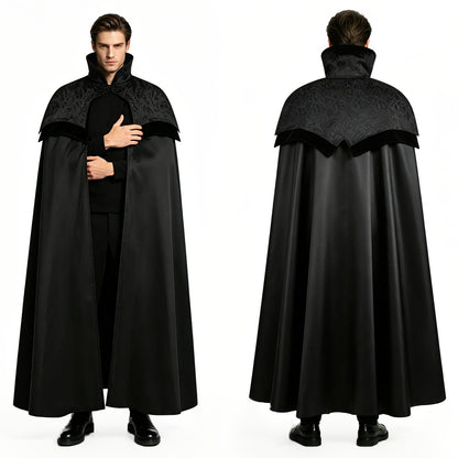 Men's Gothic Long Poncho Vampire Costume Halloween Cosplay Clothing Medieval Steampunk Stand Up Collar Black Wizard Costumes