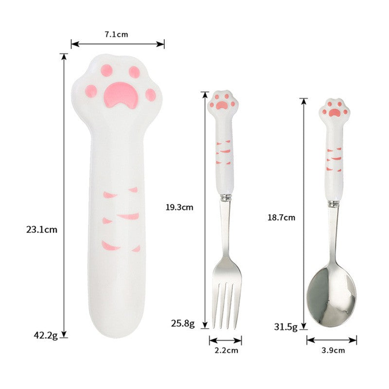 Conjunto de Talheres de Pata de Gato Fofa Garfo e Colher de Aço Inoxidável com Caixa de Armazenamento Louça Talheres Prata Acessórios para Almoço Bento