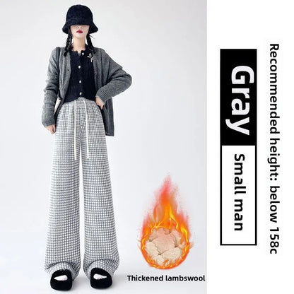 High Waist Wide Leg Pants Women's Autumn Winter New Style Lazy Casual Fleece Woolen Plaid Trousers Fashionable Comfortable