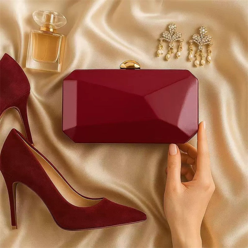 Fashion Clutch Bags for Women Glossy PU Evening Purse Burgundy Geometric Shape Female Handbag Special Valentine's Day Gift