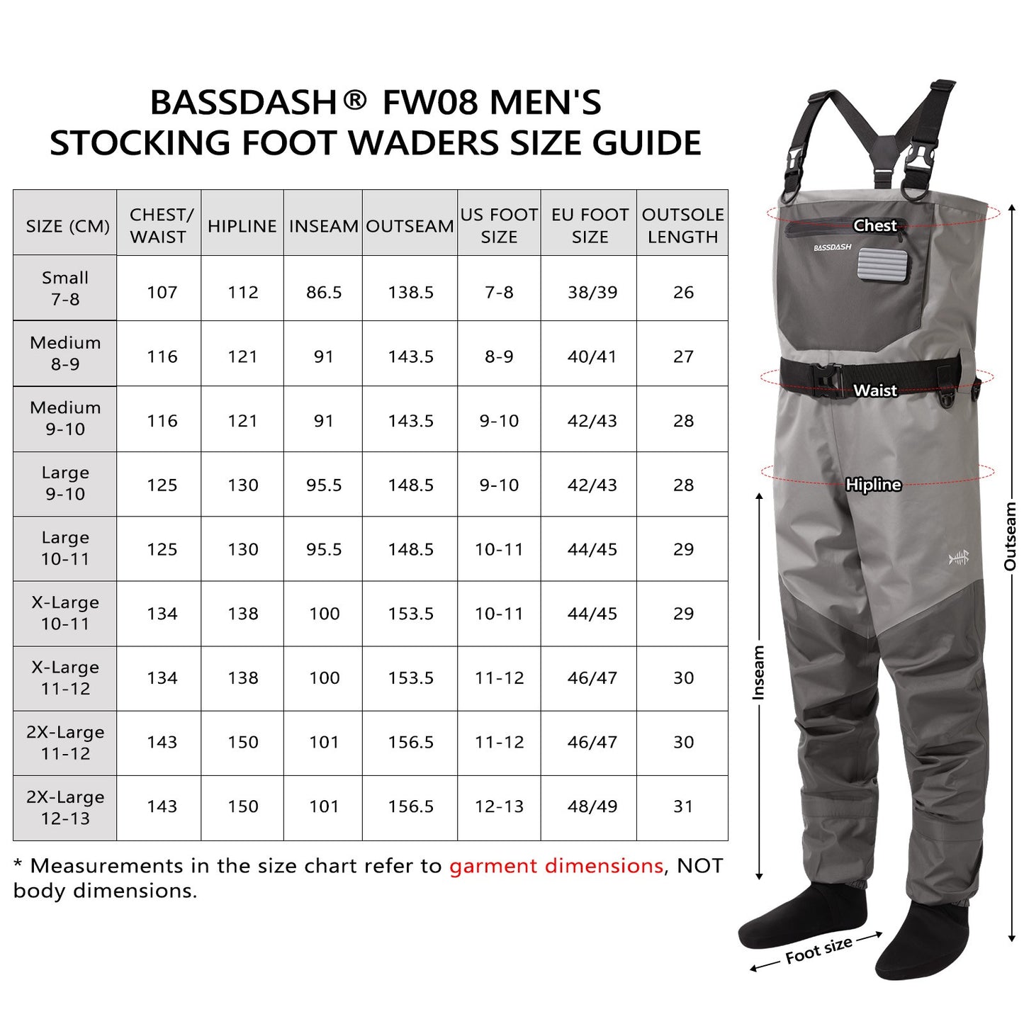 BASSDASH Fishing Wader Leve com Meia de Neoprene FW08 Waders Respiráveis para Homens Pesca com Mosca Impermeável no Peito