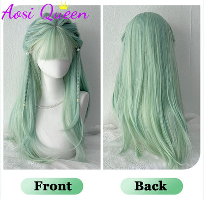 AOSI Synthetic Mint Green Wig Long Hair Summer Thin Bangs Long Straight Hhair Daily Party Cos Wig