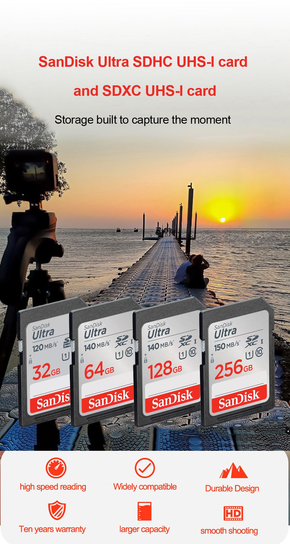 Cartão SD SanDisk 32 GB SDHC 64 GB 128 GB 256 GB Cartão SDXC Cartões de memória C10 Velocidade de leitura de até 200 MB/s U3 V30 Cartões Flash 4K UHD para Câmera
