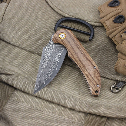 Damascus Pattern Folding Knife Wood Handle Portable Outdoor Self-defense Pocket knife High Hardness EDC Camping Kitchen Knives