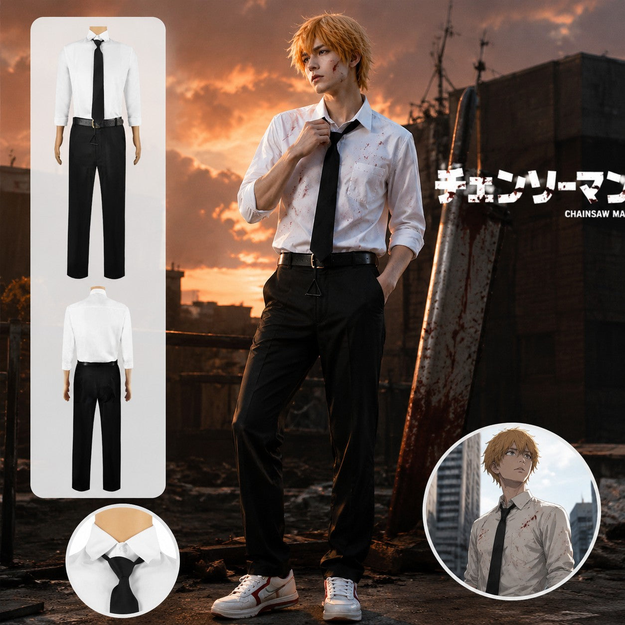 Chainsaw Man Denji Cosplay Costume Full Set Public Safety Devil Hunter Uniform Wig Shirt Pants Halloween Party Outfit for Adults