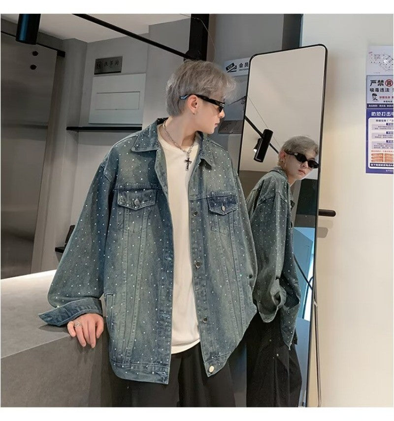 American Trendy Denim Jacket Mens Make Old Flash Diamond Fashion Outwear Spring Single-breasted Street Couple Cowboy Coats