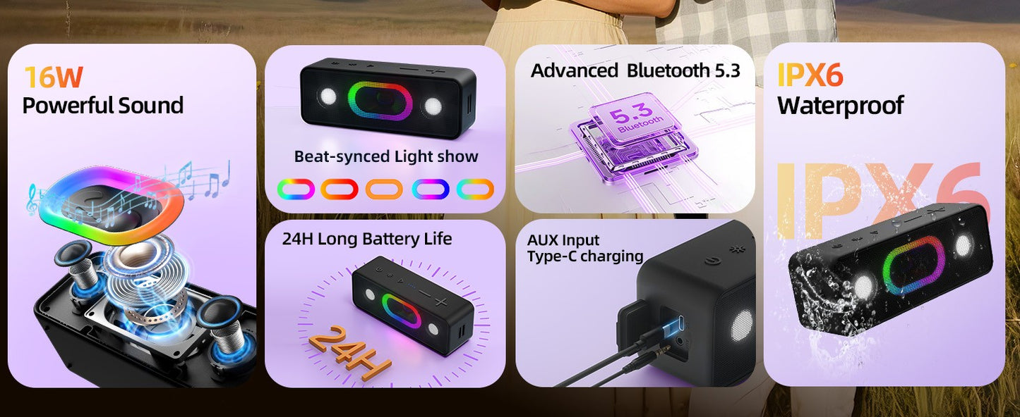 Caixa de Som Bluetooth Ortizan, Efeito Estéreo 360°, À Prova D'água IPX6, 24H de Reprodução, Adequada para Casa e Uso Externo