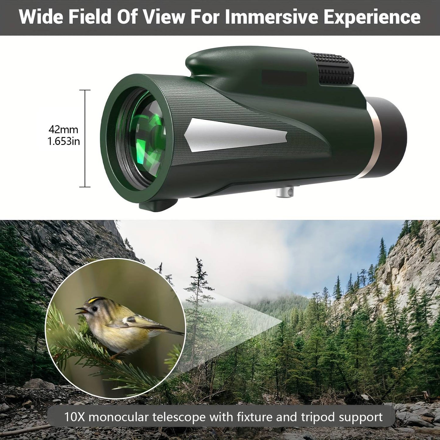 Telescópio monocular 10X, emparelhado com tripé e suporte para telefone, usado para observação de pássaros ao ar livre, caminhadas, acampamentos, viagens, lea