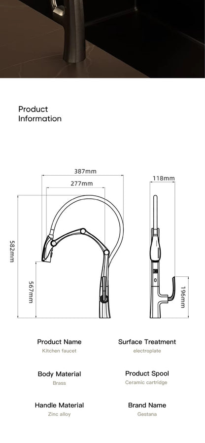 Luxury Gunmetal Brass Kitchen Faucet with LED Display,Sensor&Pull-Out 3-Function Spray,Touchless High Pressure Water-Saving Tap
