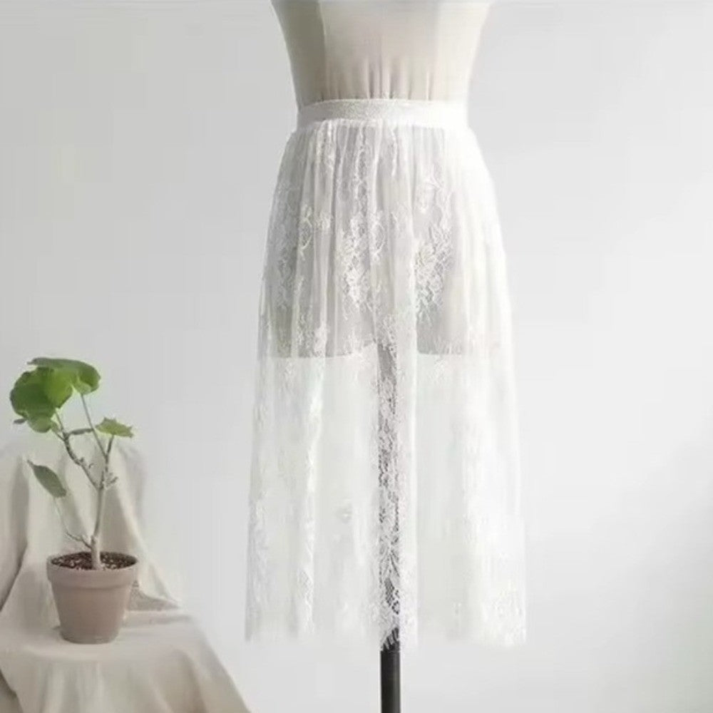 Fashion Transparent Sexy Lace Mesh Skirt Elegant 2 Length Midi Skirt Ladies Elastic High Waist Womens Skirt Ladies