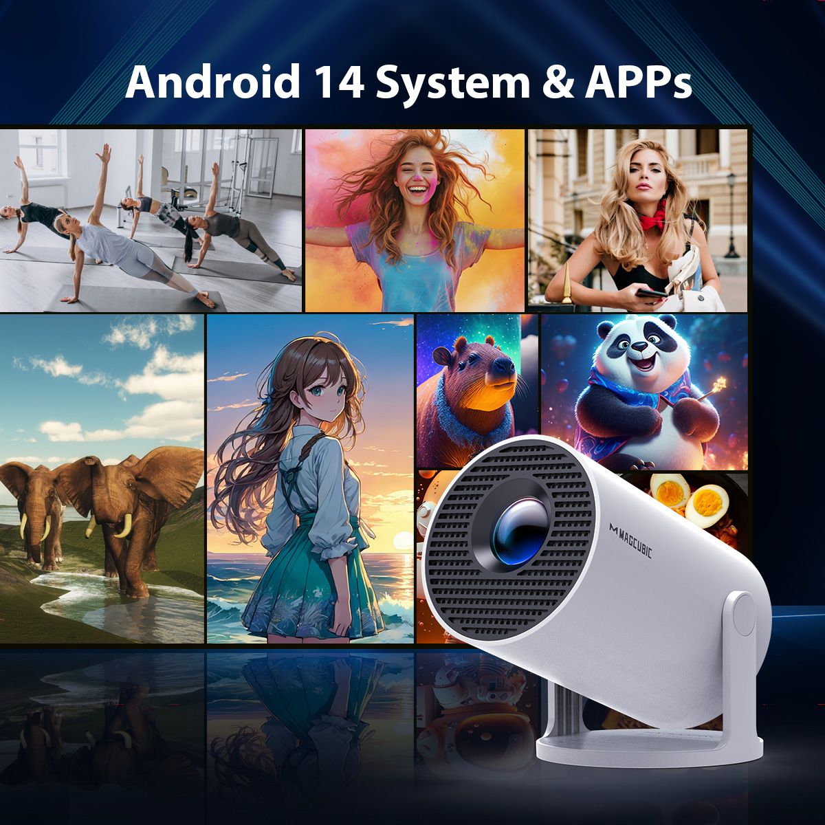 Projetor Magcubic HY300 Pro 8K HD Android14 Dual Wifi6 290ANSI Allwinner H726 BT5.4 Projetor de Cinema Doméstico para Exterior Atualização HY300