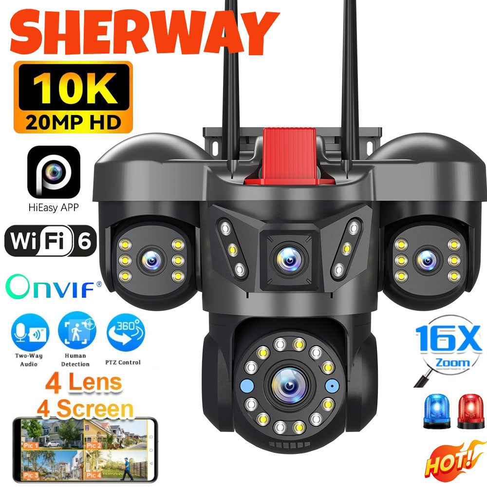 10K 20MP UHD Outdoor WiFi IP Camera Four Len Four Screen 360° 16X Zoom PTZ Security Cam Auto Tracking CCTV Wireless Surveillance