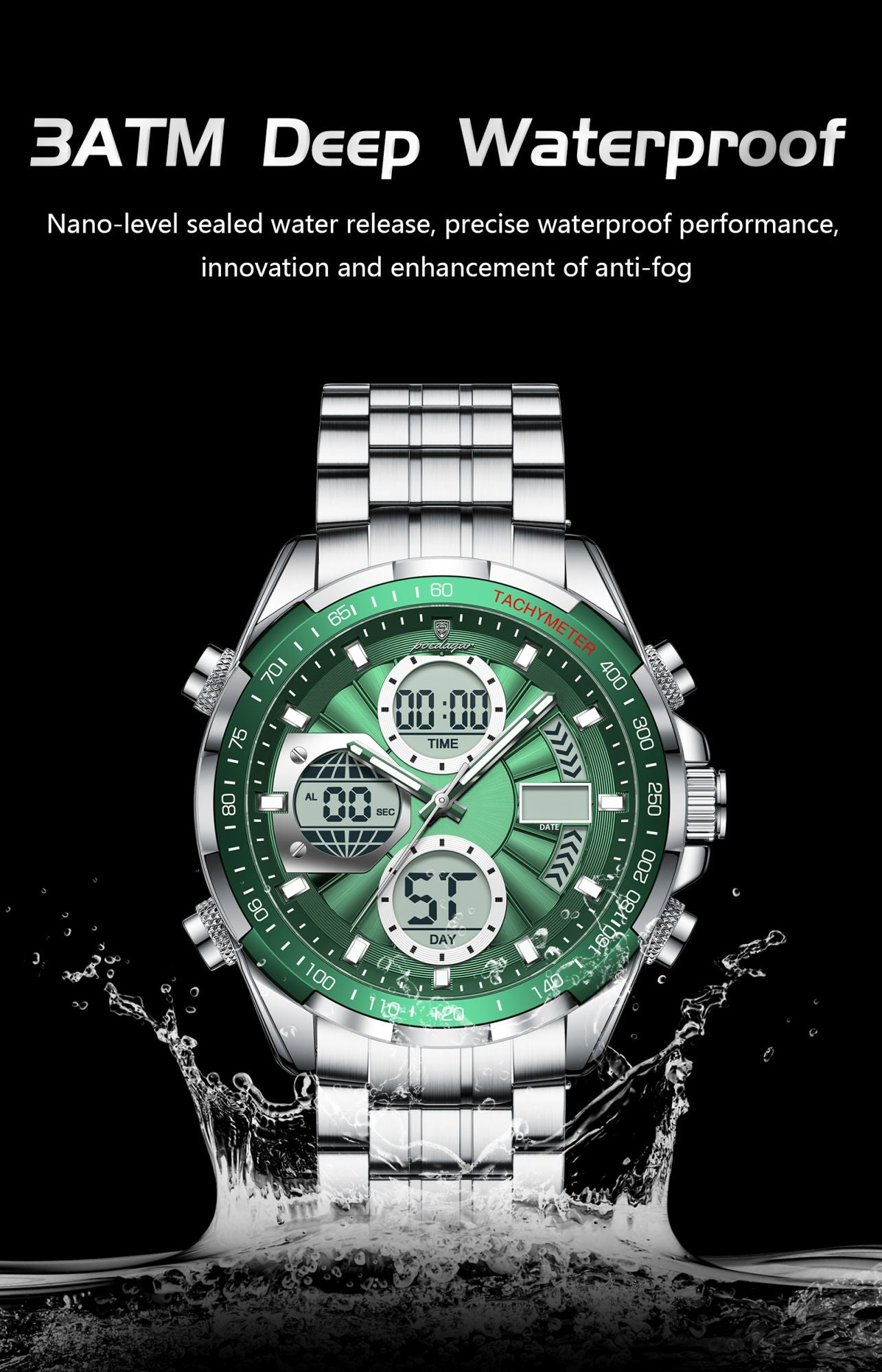 POEDAGAR Top Man Clock Waterproof Electronic LED Luxury Men's Watches Dual Time Display Digital Stainless Steel Men Quartz Watch